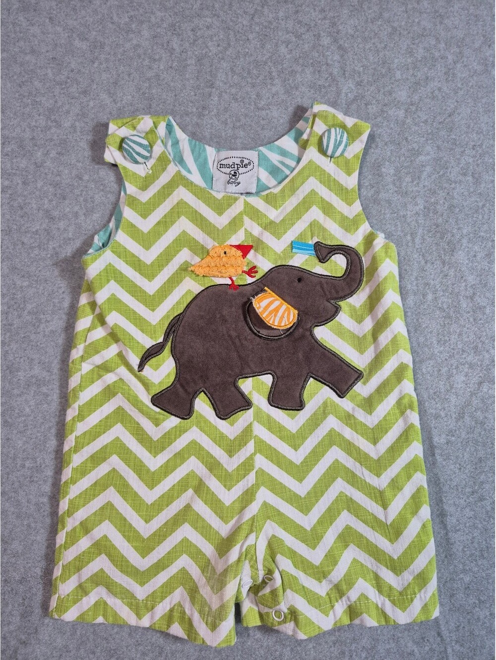 Mud Pie Baby Elephant Applique Chevron Romper 9-12M